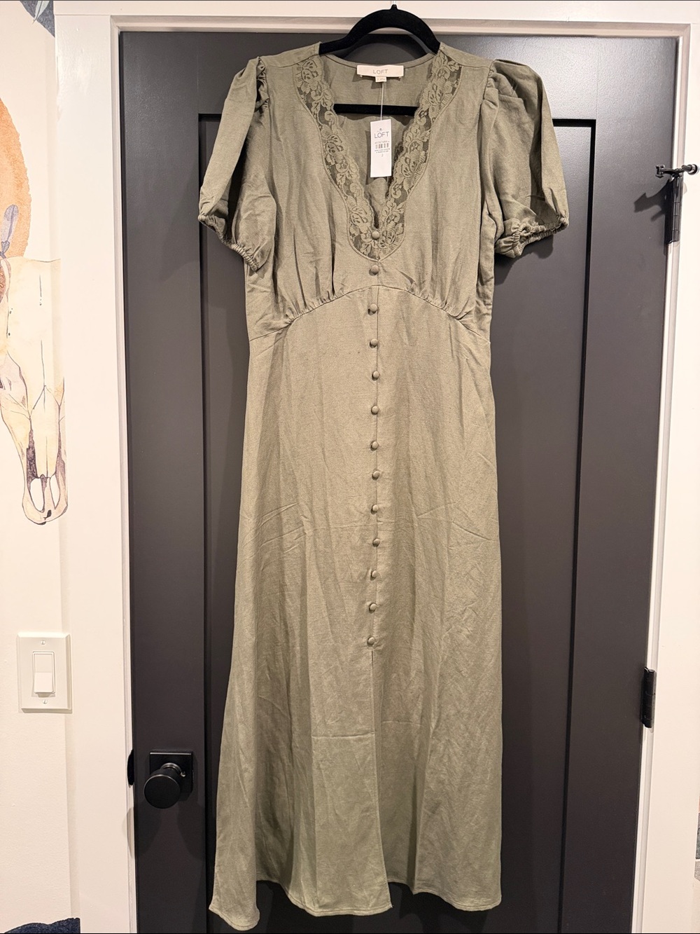 LOFT Olive Green Maxi Dress with Lace Trim